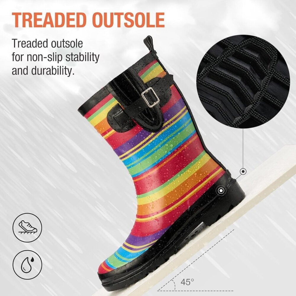 Women's Fashionable Waterproof Garden Mud Rubber Rain Rainbow Stripe Boots - Picture 4 of 9